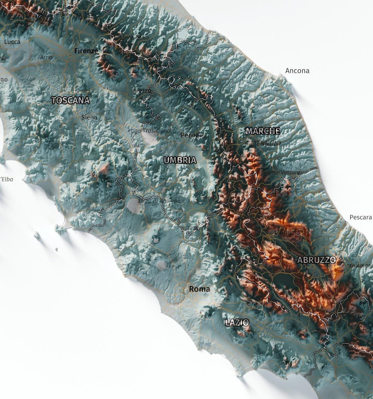 Mapa minimalista del relleu d’Itàlia per regions en estil Blau i taronja. Detall de Roma i els Apenins a la Itàlia central. 61 × 91 cm.