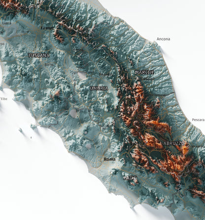 Mapa minimalista del relleu d’Itàlia per regions en estil Blau i taronja. Detall de Roma i els Apenins a la Itàlia central. 61 × 91 cm.