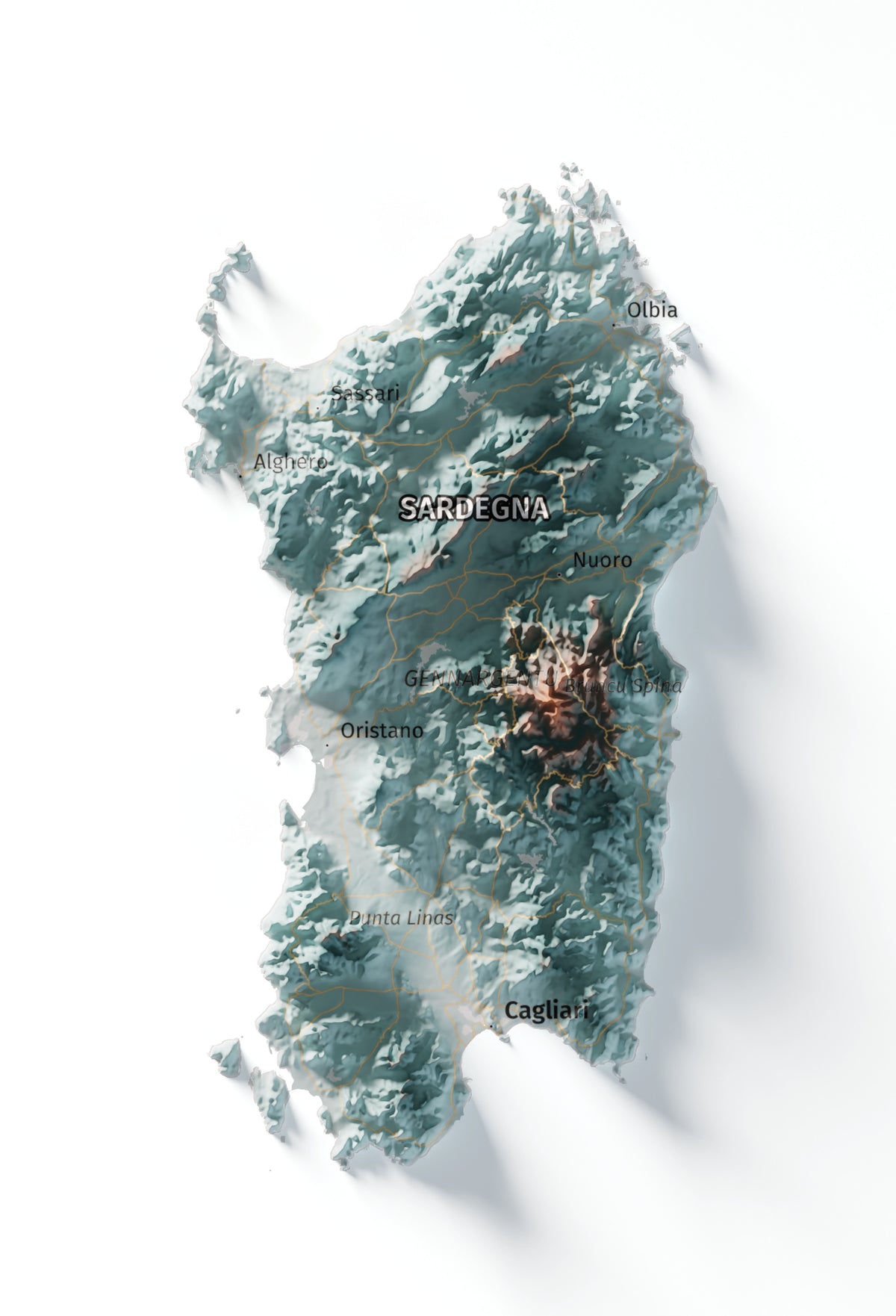Mapa minimalista del relleu d’Itàlia per regions en estil Blau i taronja. Detall de Sardenya. 61 × 91 cm.