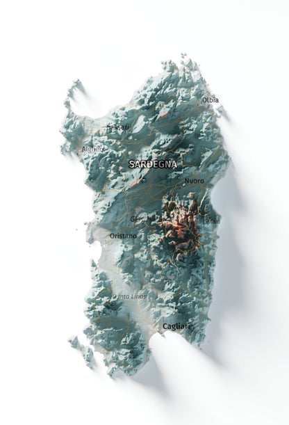 Mapa minimalista del relleu d’Itàlia per regions en estil Blau i taronja. Detall de Sardenya. 61 × 91 cm.