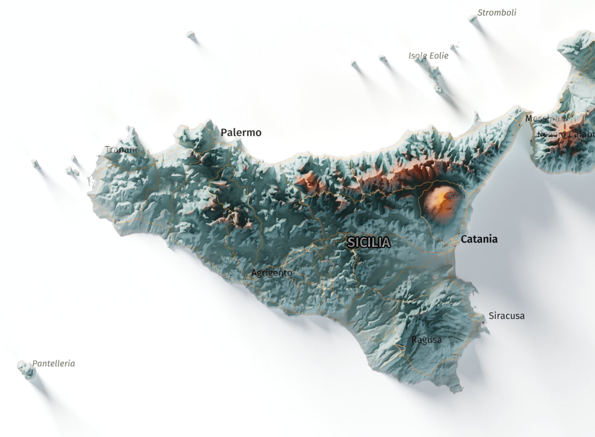 Mapa minimalista del relleu d’Itàlia per regions en estil Blau i taronja. Detall de Sicília. 61 × 91 cm.
