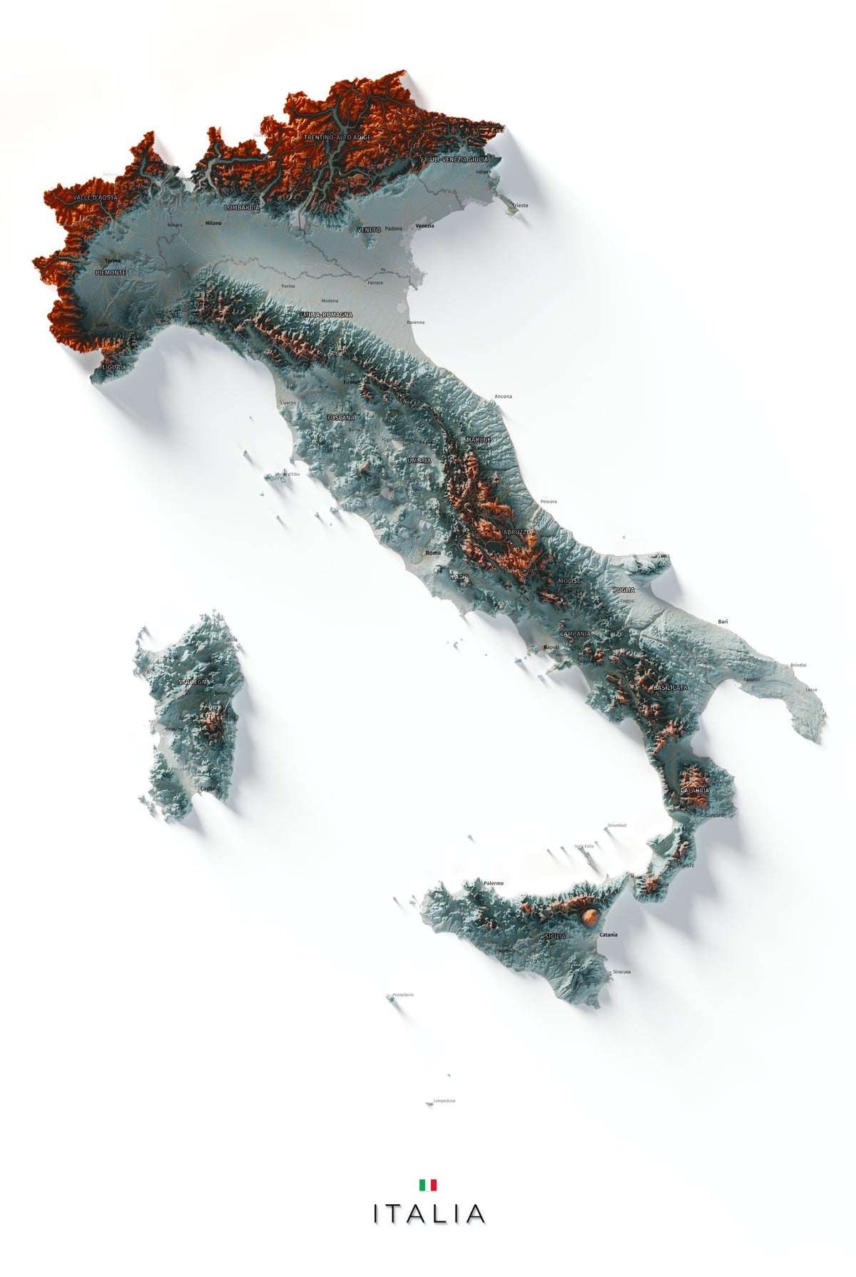 Mapa minimalista del relleu d’Itàlia per regions en estil Blau i taronja. Vista completa de la làmina. 61 × 91 cm.