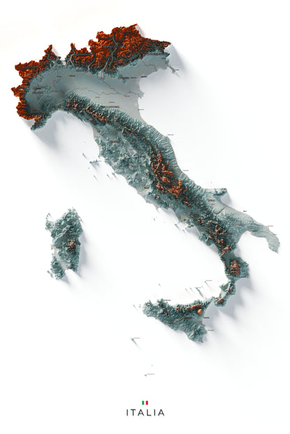 Mapa minimalista del relleu d’Itàlia per regions en estil Blau i taronja. Vista completa de la làmina. 61 × 91 cm.