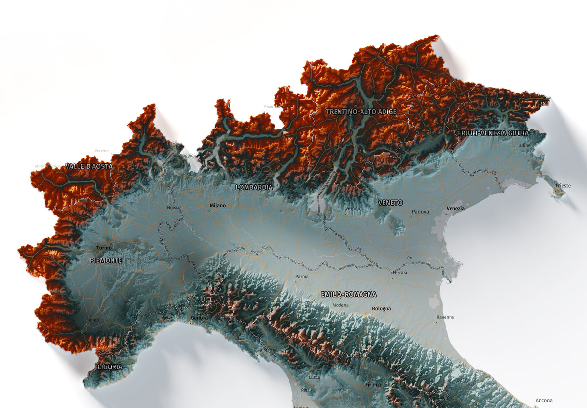 Mapa minimalista del relleu d’Itàlia per regions en estil Blau i taronja. Detall dels Alps i la plana del Po al nord d’Itàlia. 70 × 100 cm.