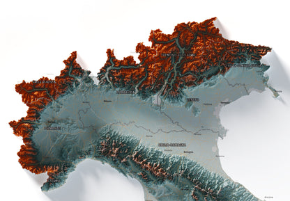 Mapa minimalista del relleu d’Itàlia per regions en estil Blau i taronja. Detall dels Alps i la plana del Po al nord d’Itàlia. 70 × 100 cm.