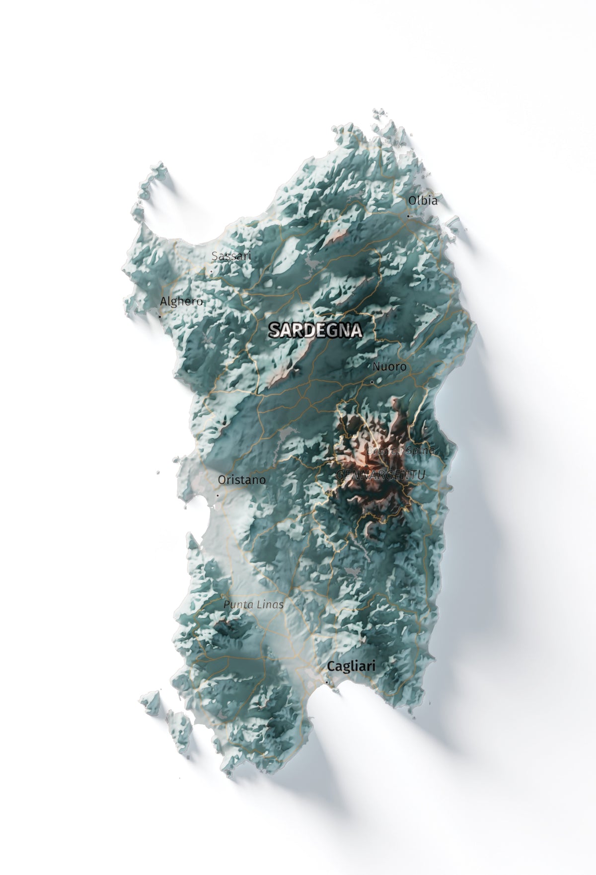 Mapa minimalista del relleu d’Itàlia per regions en estil Blau i taronja. Detall de Sardenya. 70 × 100 cm.