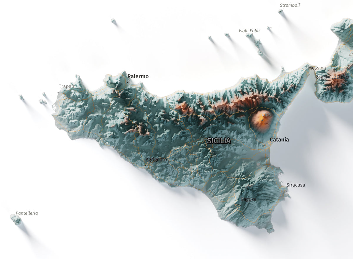 Mapa minimalista del relleu d’Itàlia per regions en estil Blau i taronja. Detall de Sicília. 70 × 100 cm.