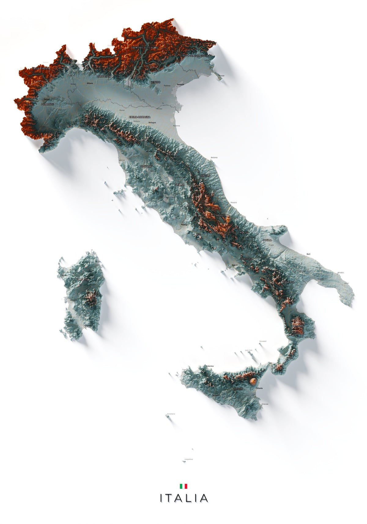 Mapa minimalista del relleu d’Itàlia per regions en estil Blau i taronja. Vista completa de la làmina. 70 × 100 cm.