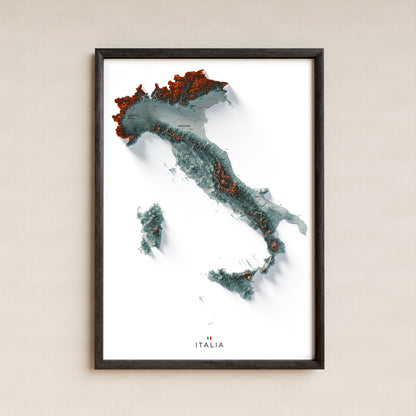Mapa minimalista del relleu d’Itàlia per regions en estil Blau i taronja. La làmina completa en un marc negre a la paret. 70 × 100 cm.