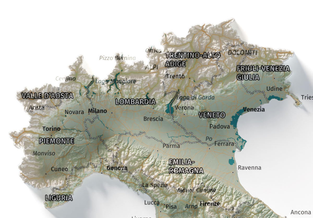 Mapa minimalista del relleu d’Itàlia per regions en estil Cartogràfic. Detall dels Alps i la plana del Po al nord d’Itàlia. 21 × 30 cm.