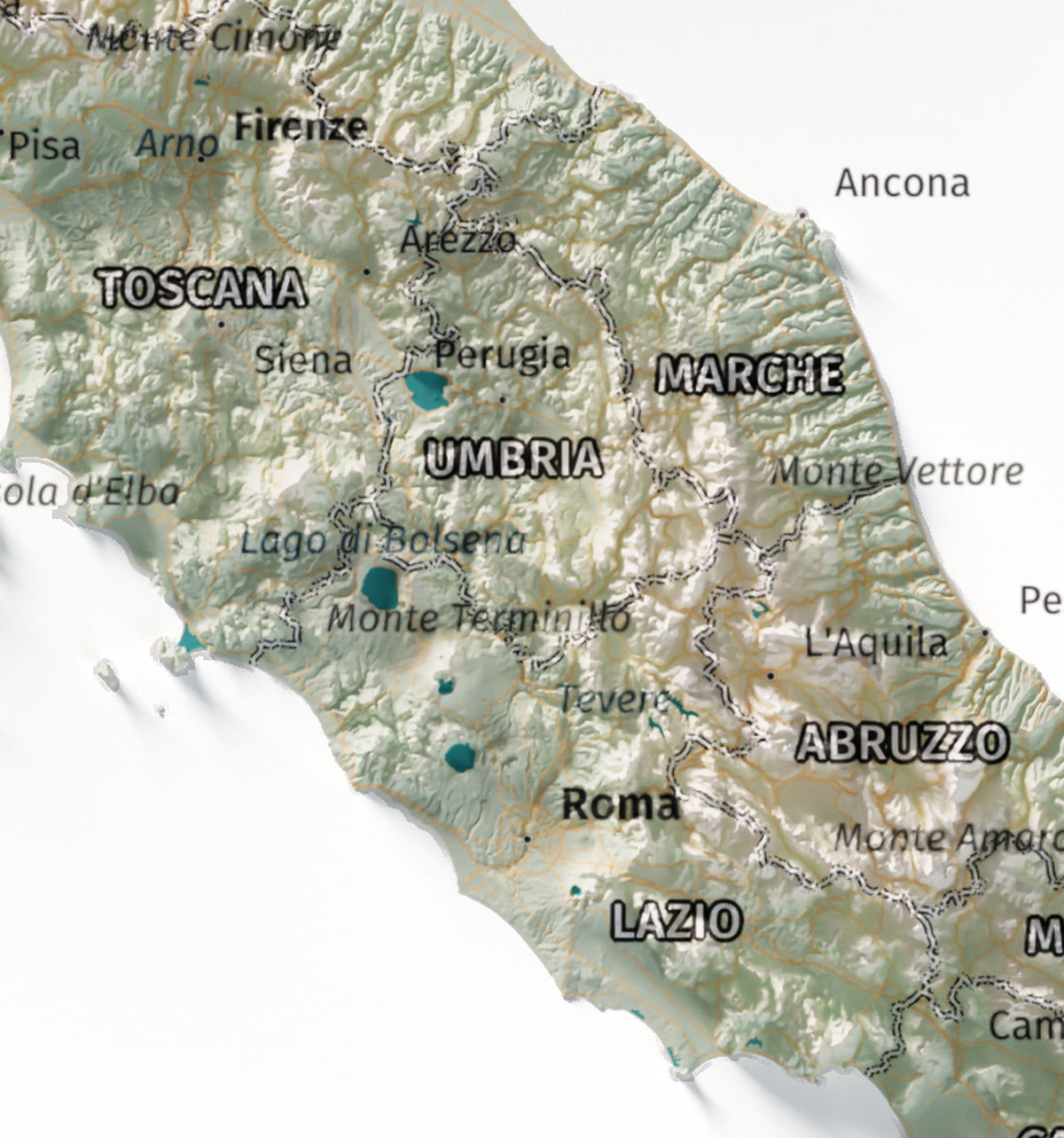 Mapa minimalista del relleu d’Itàlia per regions en estil Cartogràfic. Detall de Roma i els Apenins a la Itàlia central. 21 × 30 cm.