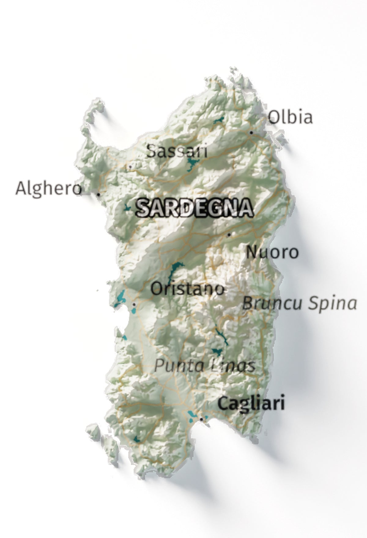 Mapa minimalista del relleu d’Itàlia per regions en estil Cartogràfic. Detall de Sardenya. 21 × 30 cm.