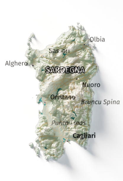 Mapa minimalista del relleu d’Itàlia per regions en estil Cartogràfic. Detall de Sardenya. 21 × 30 cm.