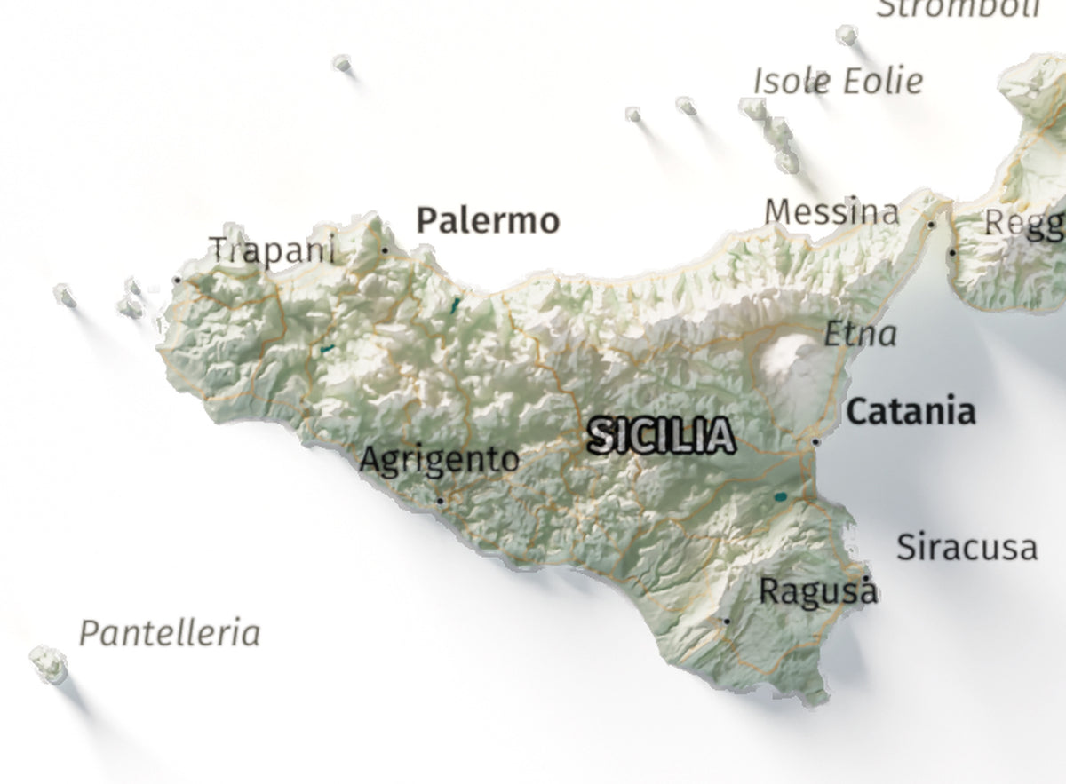 Mapa minimalista del relleu d’Itàlia per regions en estil Cartogràfic. Detall de Sicília. 21 × 30 cm.