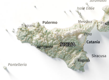 Mapa minimalista del relleu d’Itàlia per regions en estil Cartogràfic. Detall de Sicília. 21 × 30 cm.