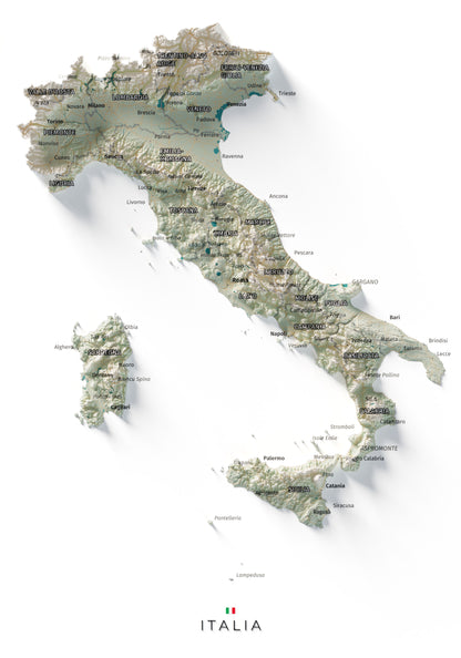 Mapa minimalista del relleu d’Itàlia per regions en estil Cartogràfic. Vista completa de la làmina. 21 × 30 cm.