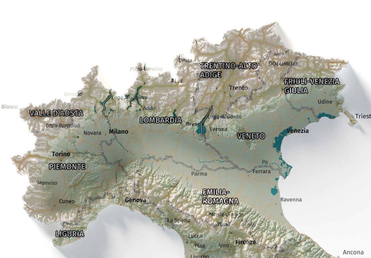 Mapa minimalista del relleu d’Itàlia per regions en estil Cartogràfic. Detall dels Alps i la plana del Po al nord d’Itàlia. 30 × 40 cm.