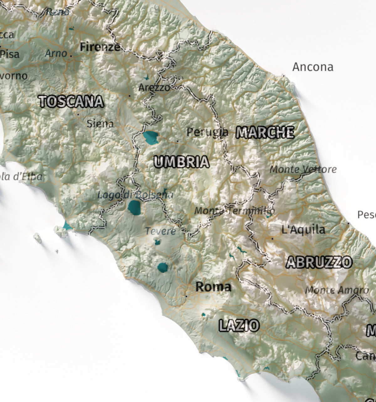 Mapa minimalista del relleu d’Itàlia per regions en estil Cartogràfic. Detall de Roma i els Apenins a la Itàlia central. 30 × 40 cm.