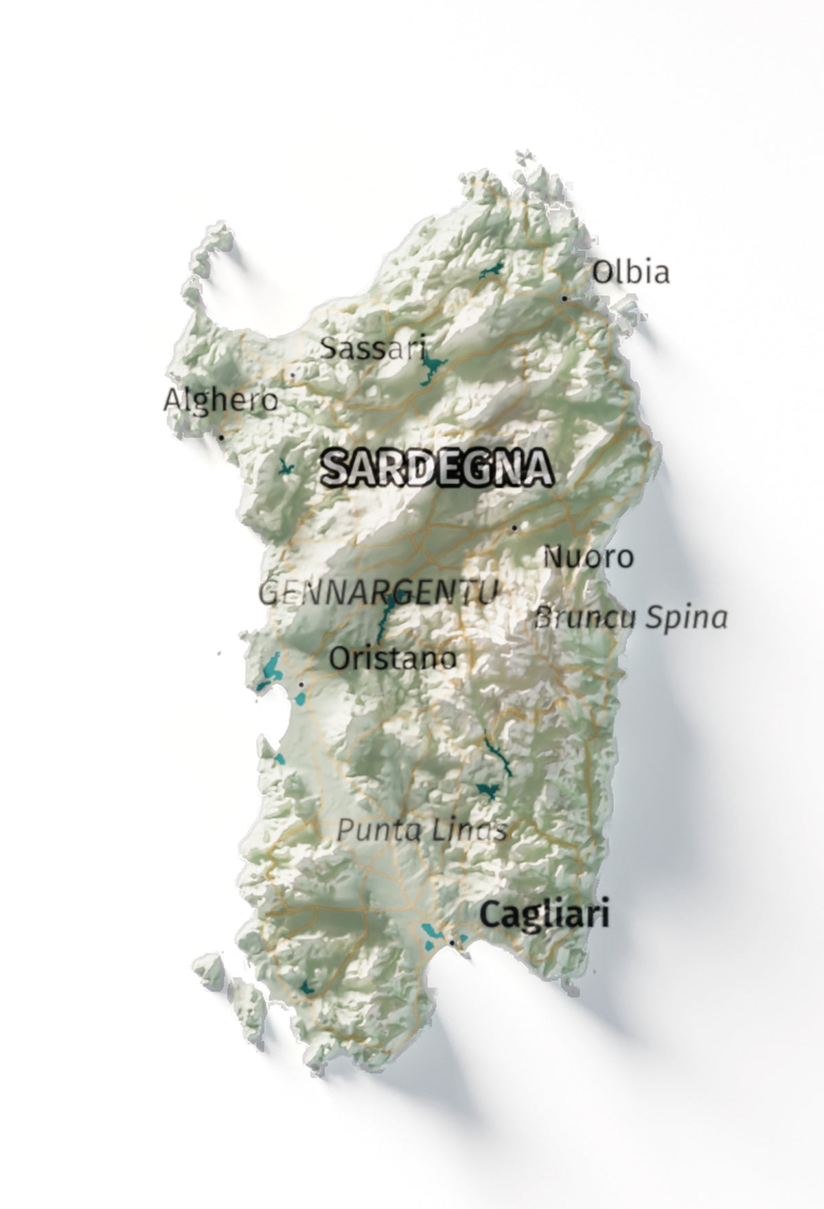 Mapa minimalista del relleu d’Itàlia per regions en estil Cartogràfic. Detall de Sardenya. 30 × 40 cm.