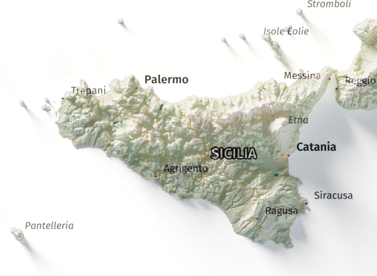 Mapa minimalista del relleu d’Itàlia per regions en estil Cartogràfic. Detall de Sicília. 30 × 40 cm.