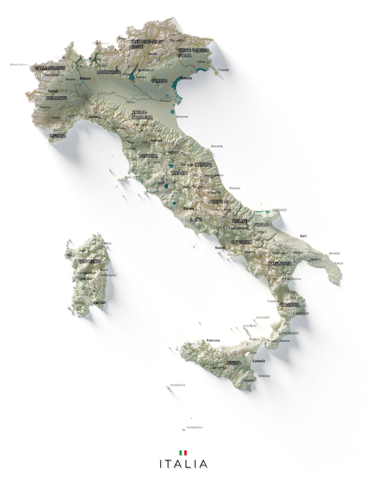 Mapa minimalista del relleu d’Itàlia per regions en estil Cartogràfic. Vista completa de la làmina. 30 × 40 cm.