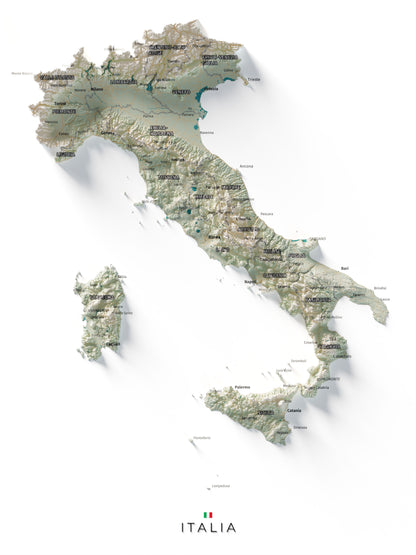 Mapa minimalista del relleu d’Itàlia per regions en estil Cartogràfic. Vista completa de la làmina. 30 × 40 cm.