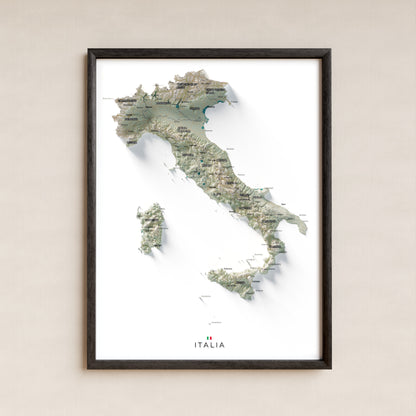 Mapa minimalista del relleu d’Itàlia per regions en estil Cartogràfic. La làmina completa en un marc negre a la paret. 30 × 40 cm.