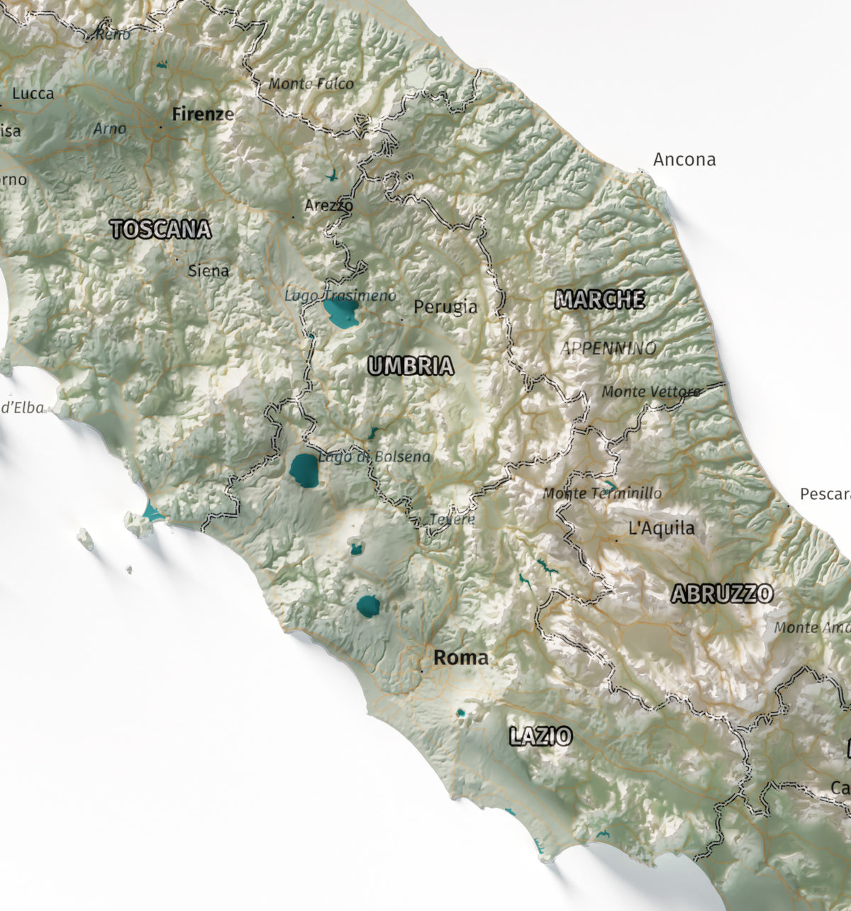 Mapa minimalista del relleu d’Itàlia per regions en estil Cartogràfic. Detall de Roma i els Apenins a la Itàlia central. 50 × 70 cm.