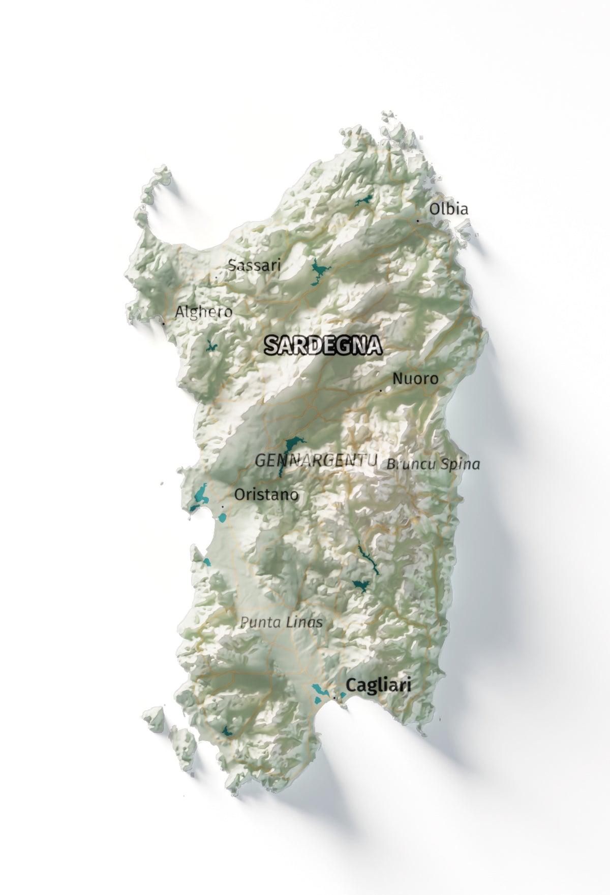 Mapa minimalista del relleu d’Itàlia per regions en estil Cartogràfic. Detall de Sardenya. 50 × 70 cm.