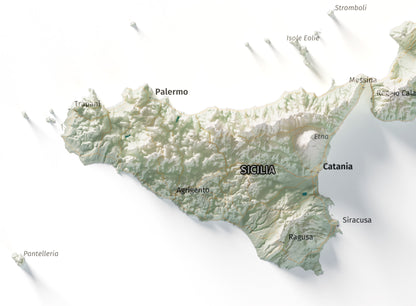 Mapa minimalista del relleu d’Itàlia per regions en estil Cartogràfic. Detall de Sicília. 50 × 70 cm.