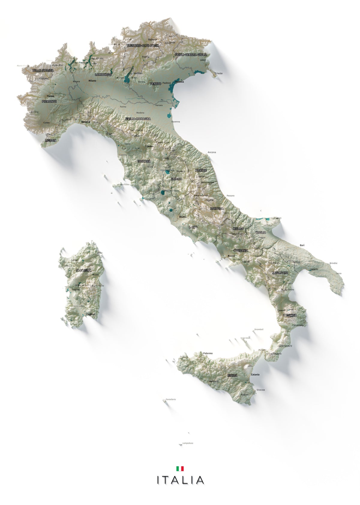 Mapa minimalista del relleu d’Itàlia per regions en estil Cartogràfic. Vista completa de la làmina. 50 × 70 cm.