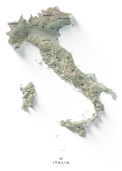 Mapa minimalista del relleu d’Itàlia per regions en estil Cartogràfic. Vista completa de la làmina. 50 × 70 cm.