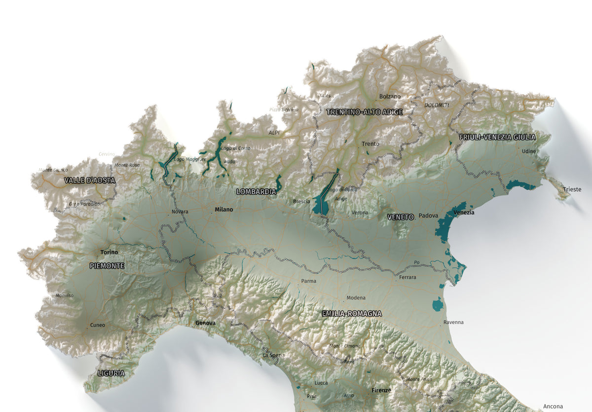 Mapa minimalista del relleu d’Itàlia per regions en estil Cartogràfic. Detall dels Alps i la plana del Po al nord d’Itàlia. 61 × 91 cm.