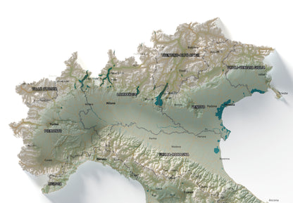 Mapa minimalista del relleu d’Itàlia per regions en estil Cartogràfic. Detall dels Alps i la plana del Po al nord d’Itàlia. 61 × 91 cm.