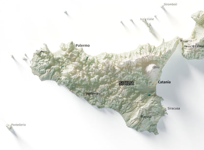 Mapa minimalista del relleu d’Itàlia per regions en estil Cartogràfic. Detall de Sicília. 61 × 91 cm.