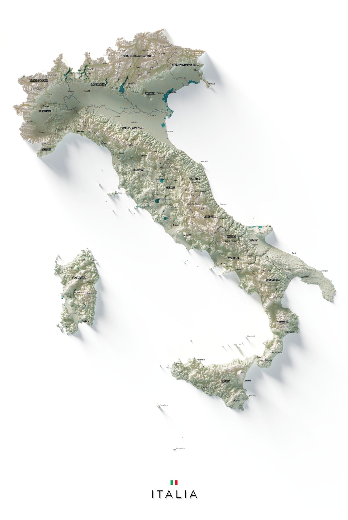 Mapa minimalista del relleu d’Itàlia per regions en estil Cartogràfic. Vista completa de la làmina. 61 × 91 cm.