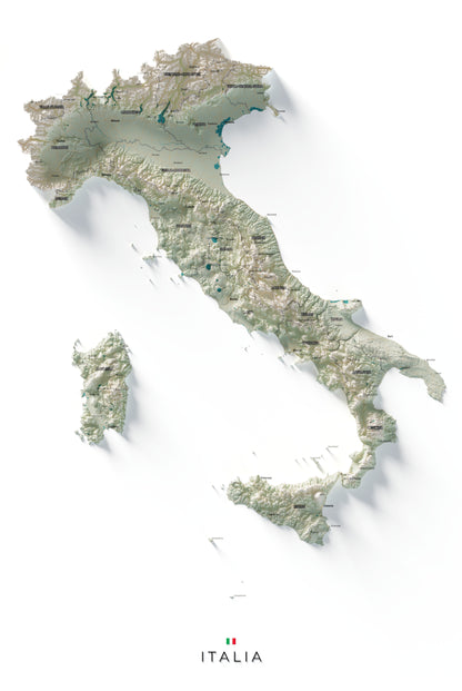 Mapa minimalista del relleu d’Itàlia per regions en estil Cartogràfic. Vista completa de la làmina. 61 × 91 cm.