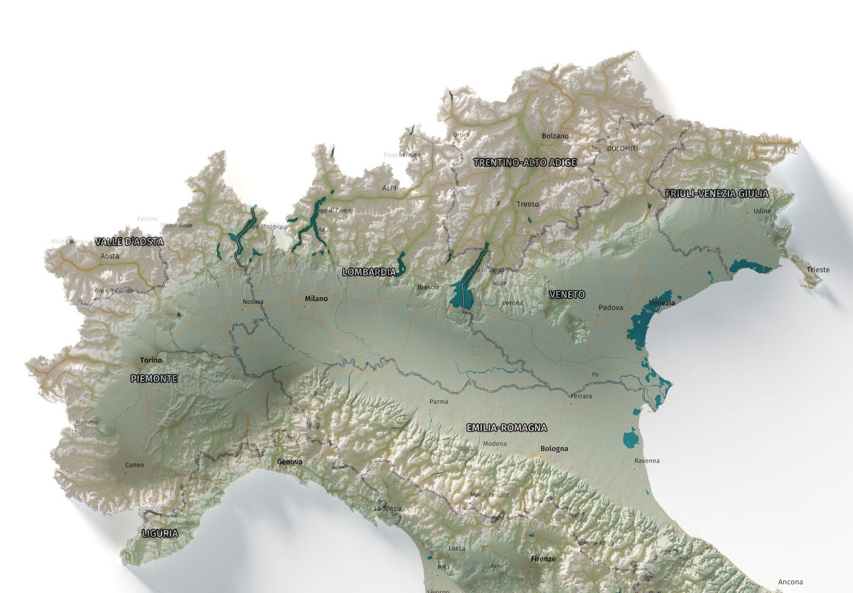 Mapa minimalista del relleu d’Itàlia per regions en estil Cartogràfic. Detall dels Alps i la plana del Po al nord d’Itàlia. 70 × 100 cm.