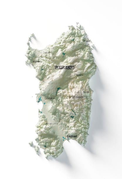 Mapa minimalista del relleu d’Itàlia per regions en estil Cartogràfic. Detall de Sardenya. 70 × 100 cm.
