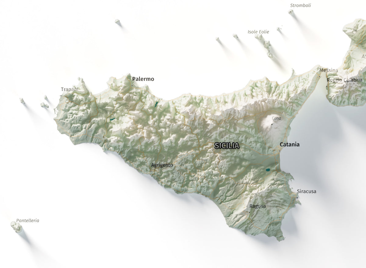 Mapa minimalista del relleu d’Itàlia per regions en estil Cartogràfic. Detall de Sicília. 70 × 100 cm.