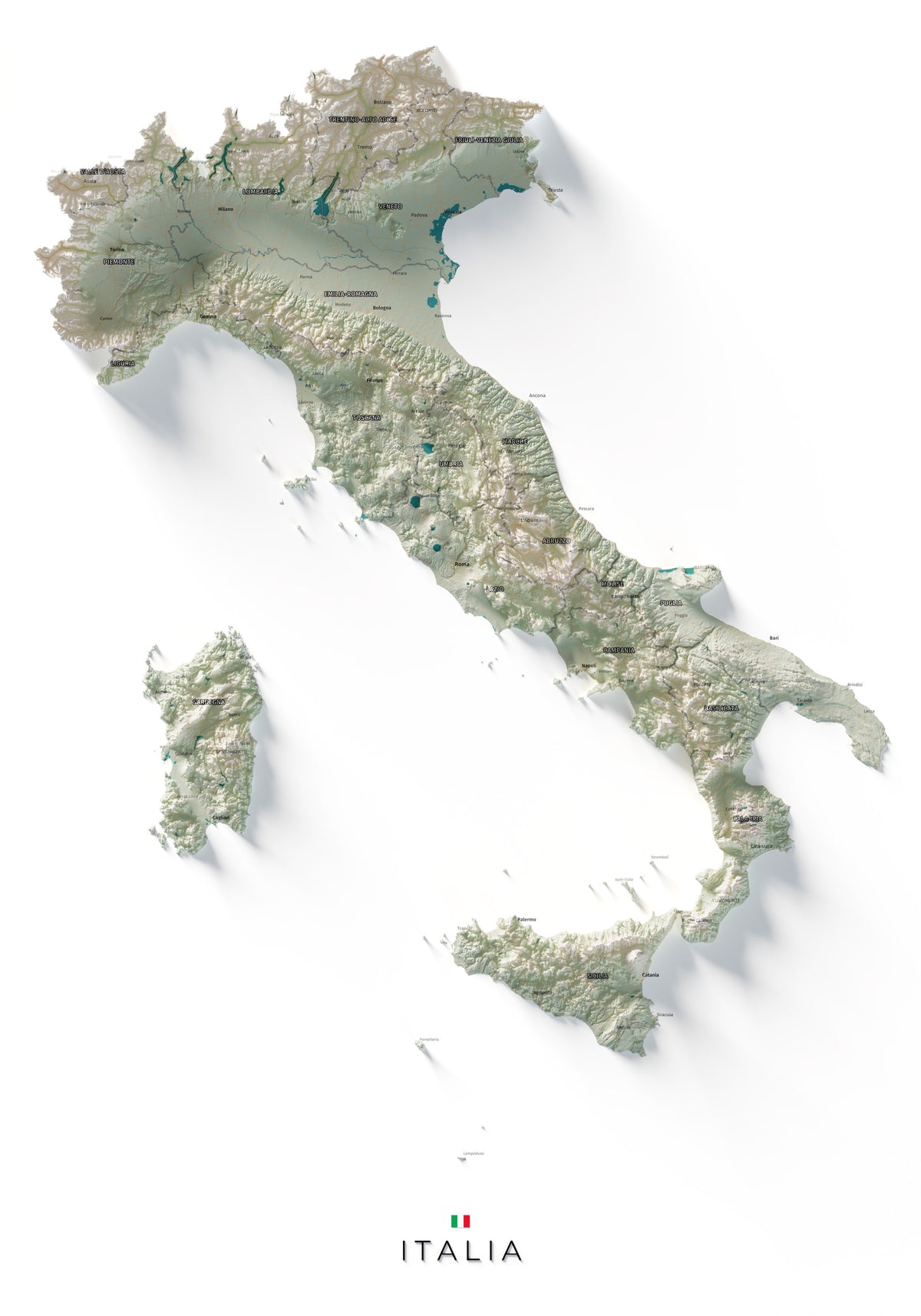 Mapa minimalista del relleu d’Itàlia per regions en estil Cartogràfic. Vista completa de la làmina. 70 × 100 cm.