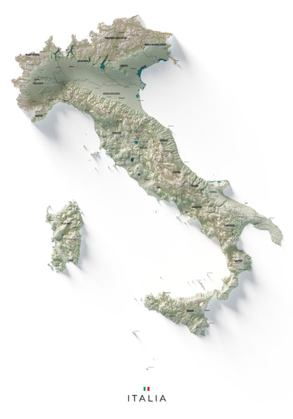 Mapa minimalista del relleu d’Itàlia per regions en estil Cartogràfic. Vista completa de la làmina. 70 × 100 cm.