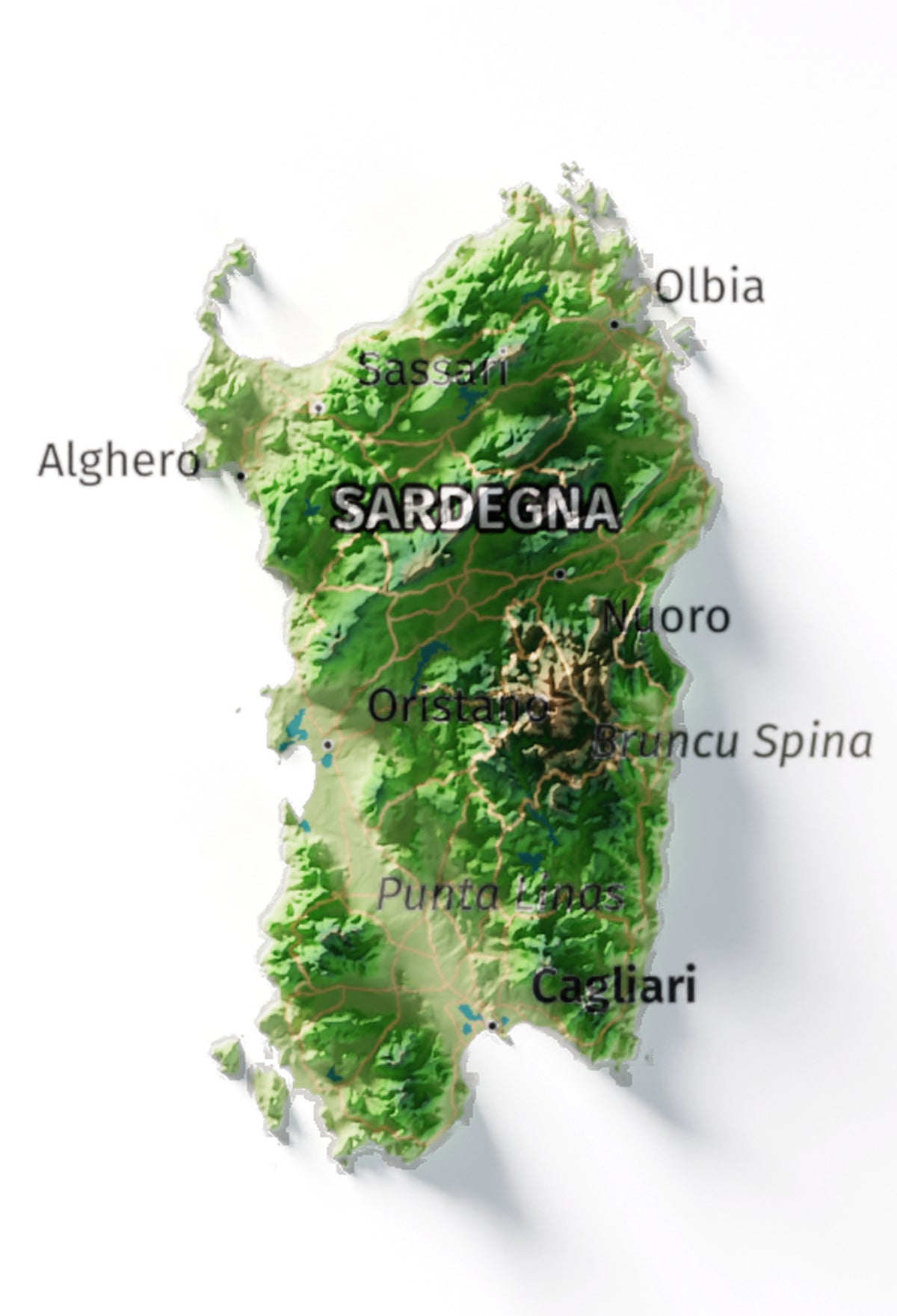 Mapa minimalista del relleu d’Itàlia per regions en estil Clàssic. Detall de Sardenya. 21 × 30 cm.