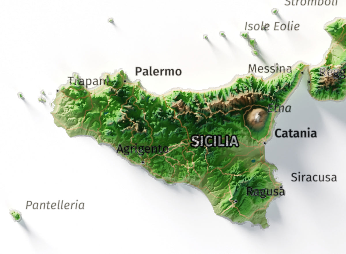 Mapa minimalista del relleu d’Itàlia per regions en estil Clàssic. Detall de Sicília. 21 × 30 cm.