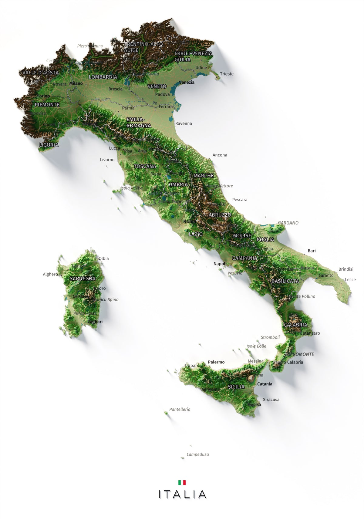 Mapa minimalista del relleu d’Itàlia per regions en estil Clàssic. Vista completa de la làmina. 21 × 30 cm.