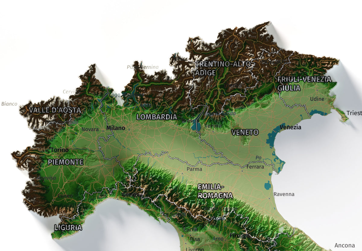 Mapa minimalista del relleu d’Itàlia per regions en estil Clàssic. Detall dels Alps i la plana del Po al nord d’Itàlia. 30 × 40 cm.