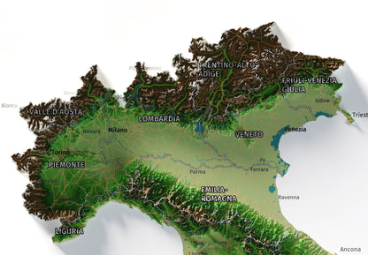 Mapa minimalista del relleu d’Itàlia per regions en estil Clàssic. Detall dels Alps i la plana del Po al nord d’Itàlia. 30 × 40 cm.