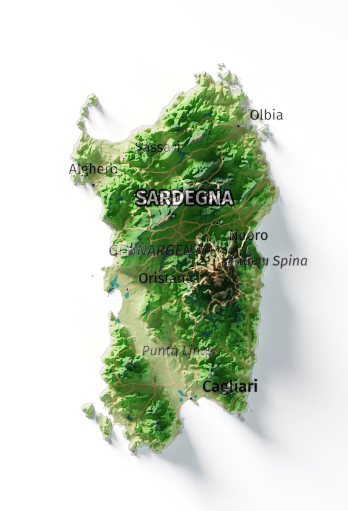 Mapa minimalista del relleu d’Itàlia per regions en estil Clàssic. Detall de Sardenya. 30 × 40 cm.