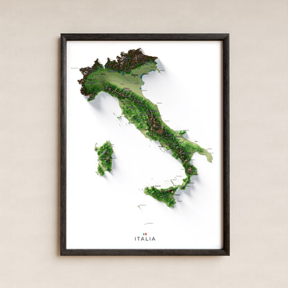 Mapa minimalista del relleu d’Itàlia per regions en estil Clàssic. La làmina completa en un marc negre a la paret. 30 × 40 cm.