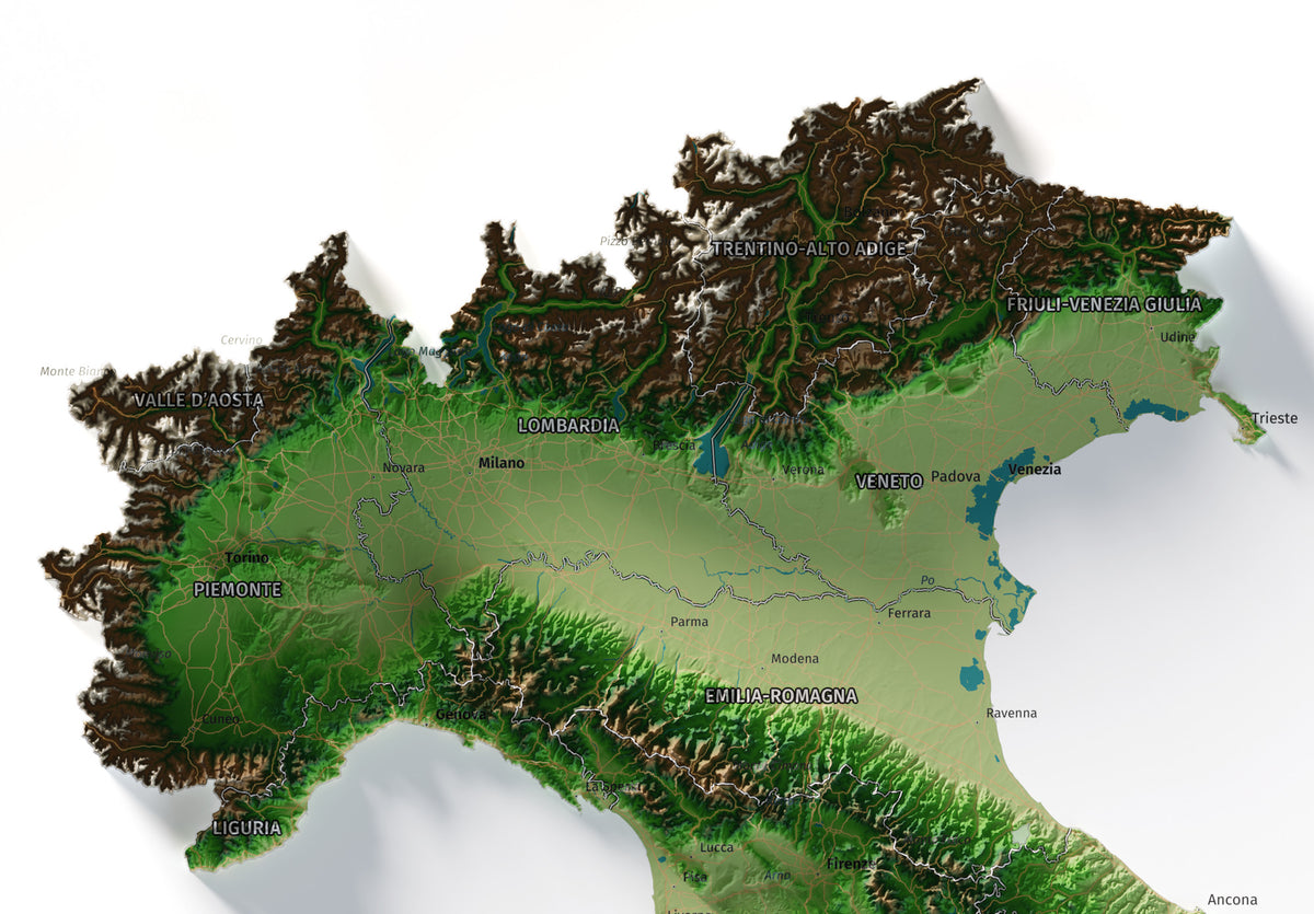 Mapa minimalista del relleu d’Itàlia per regions en estil Clàssic. Detall dels Alps i la plana del Po al nord d’Itàlia. 50 × 70 cm.